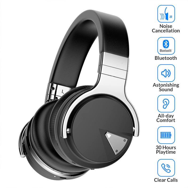  [AUSTRALIA] - Silensys E7 Active Noise Cancelling Headphones Bluetooth Headphones with Microphone Deep Bass Wireless Headphones Over Ear, Comfortable Protein Earpads, 30 Hours Playtime for Travel/Work, Black