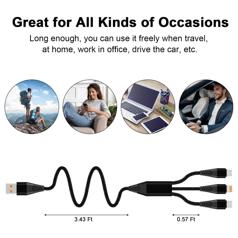  [AUSTRALIA] - Multi USB Charging Cable 4 Ft 3 in 1 Nylon Braided Multifunctional Fast Charging USB Cable Charging Cord with Type-C Micro USB Port for Samsung Galaxy S22 S22+ S22 Ultra S21 FE Black