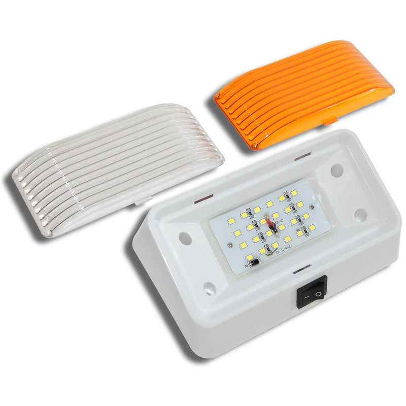  [AUSTRALIA] - Leisure LED RV Exterior Porch Utility Light with Switch - 12v 280 Lumen Lighting Fixture. Replacement Lighting for RVs, Trailers, Campers, 5th Wheels. White Base, Clear and Amber Lens (White, 2-Pack)