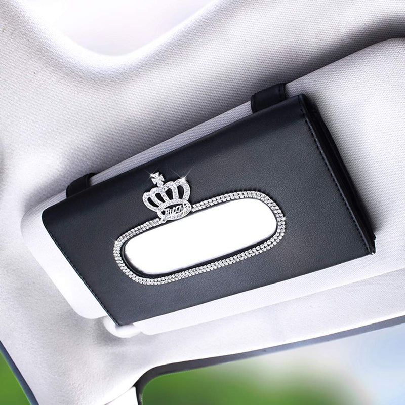  [AUSTRALIA] - Forala Crown Crystal Auto Sun Visor Tissue Box Holder PU Leather Bling Bling Car Interior Accessories Paper Towel Storage Bag (Full Bling-Beige) (Black)