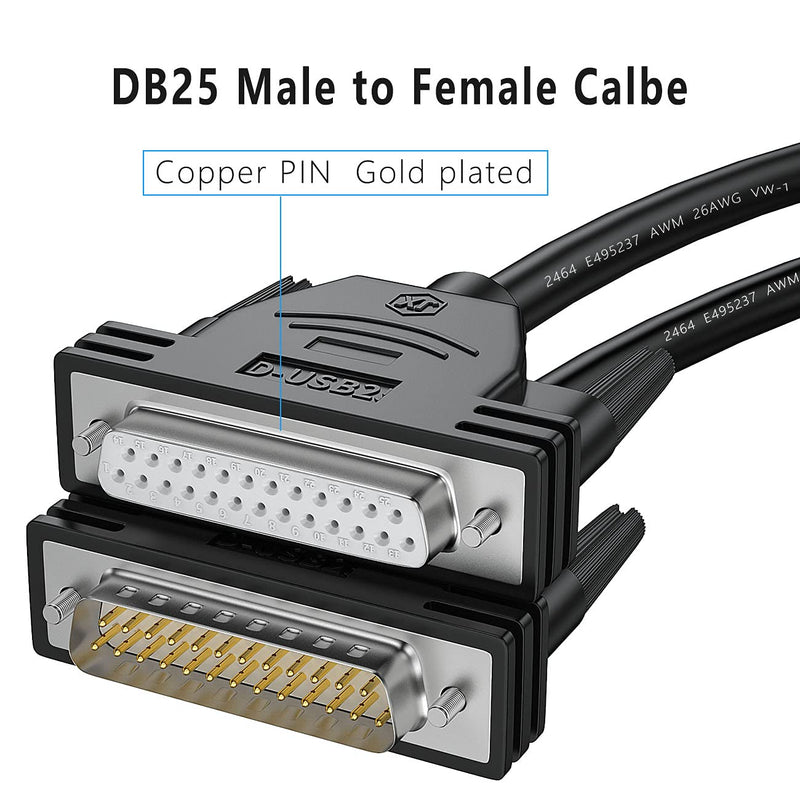  [AUSTRALIA] - JUXINICE DB25 Male to Female Extension Cable 3FT,26awg Tinned Copper Wires of 25 Different Colored, Double-Shielded with foil & Braid, D-SUB 25 pin Cable RS232 Serial Cable in Black 3.3 feet 1M