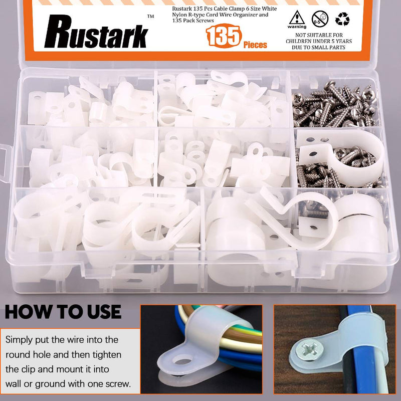  [AUSTRALIA] - Rustark 135 Pcs Cable Clamp 6 Size White Nylon R-Type Cord Wire Organizer Clips Fasteners Assortment kit with 135 Pack Screws for Wire Management
