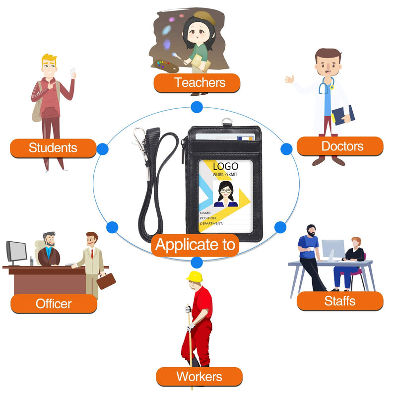  [AUSTRALIA] - Teskyer Leather Badge Holder with Zipper Pocket,1 Clear ID Window and 3 Card Slots with Secure Cover, Premium Leather ID Holder with Nylon Lanyard for Office School ID, Credit Cards, Driver Licence Black