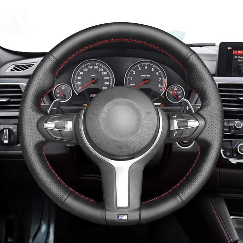 MEWANT Hand-Stitch (1.2mm Thickness) Black PU Leather Car Steering Wheel Covers for BMW F87 M2 2015-2017 F80 M3 F82 M4 2 M5 2014-2017 F12 F13 M6 F85 X5 M F86 X6 M F33 2013-2017 F30 M Sport 2013-2017 black leather + black perforated leather + red thread - LeoForward Australia