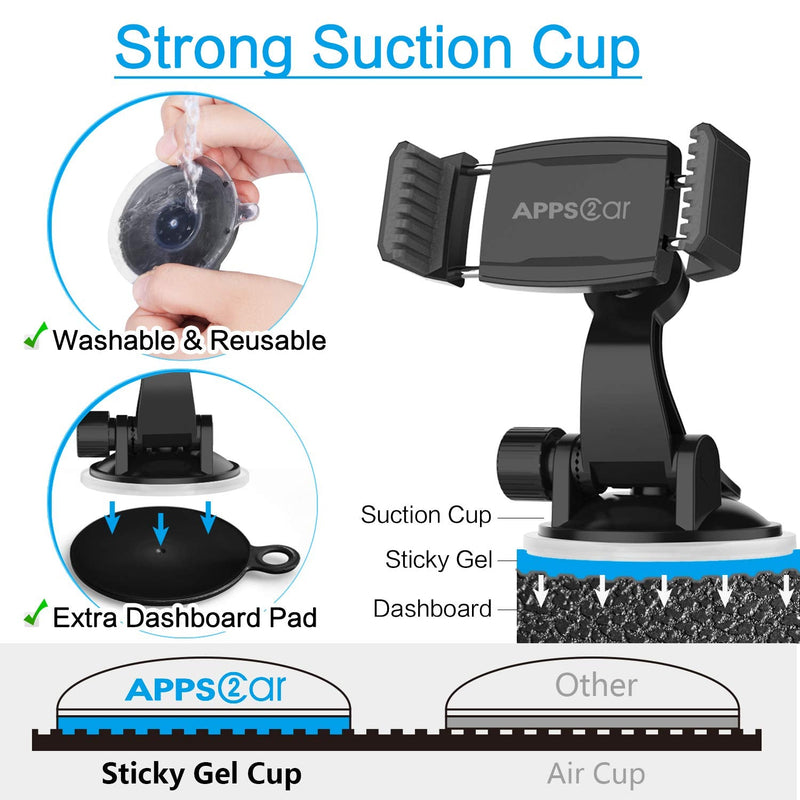  [AUSTRALIA] - APPS2Car Suction Cup Phone Holder for Car with Adjustable Arm, Low Profile Dashboard Phone Mount Compact Windshield Window Dash Mobile Stand Compatible w/All iPhone and Android Cell Phones