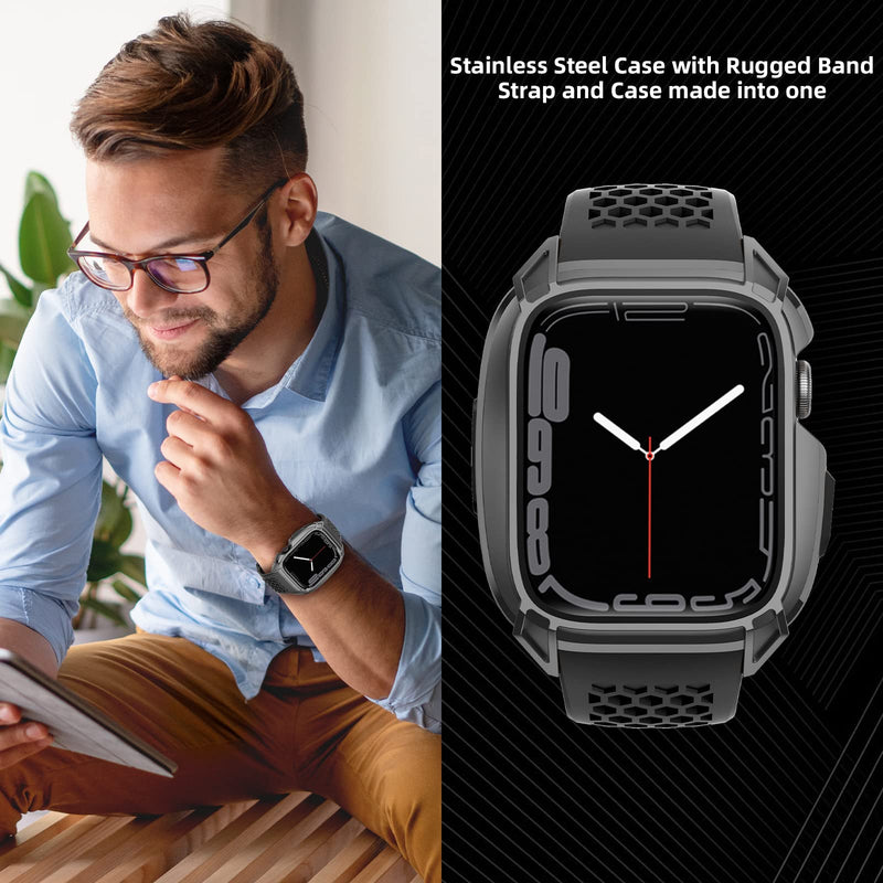  [AUSTRALIA] - OUHENG Compatible with Apple Watch Band 44mm with Stainless Steel Case, Military Shockproof Rugged Men Sports TPU Strap Band with Protective Bumper Cover for iWatch SE2 SE Series 6 5 4, Space Gray