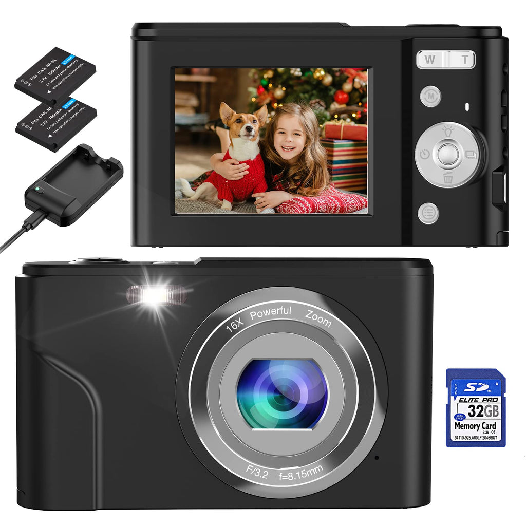  [AUSTRALIA] - Digital Camera, COZPUZHAT Mini Kids Camera FHD 1080P 36.0 MP 16X Digital Zoom LCD Screen with 32GB SD Card 2 Batteries & Charger Compact Portable Camera for Kids Students Teens Adult Black