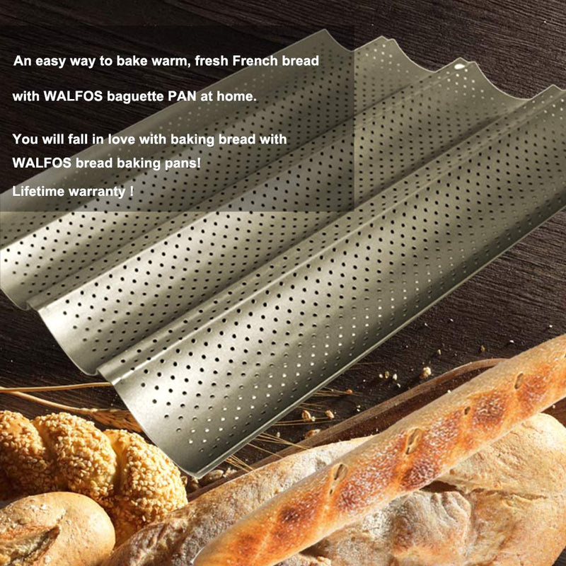  [AUSTRALIA] - Walfos Non-stick Perforated Baguette Bread Pan，15"X 13" French Bread Baking Pan , 4 Wave Loaves Loaf Bake Mold Toast Perforated Bakers Molding 15"X 13"Perforated Baguette Bread Pan