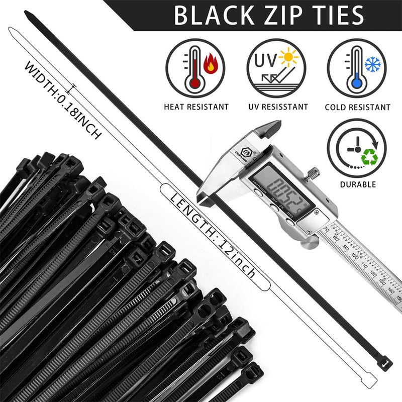  [AUSTRALIA] - 12 Inch Cable Zip Ties,WKTFOBM 100 Pack Black Zip Tie with 60lbs Tensile Strength,Heavy Duty Self-Locking Multi-Purpose Plastic Wire Ties for Indoor and Outdoor