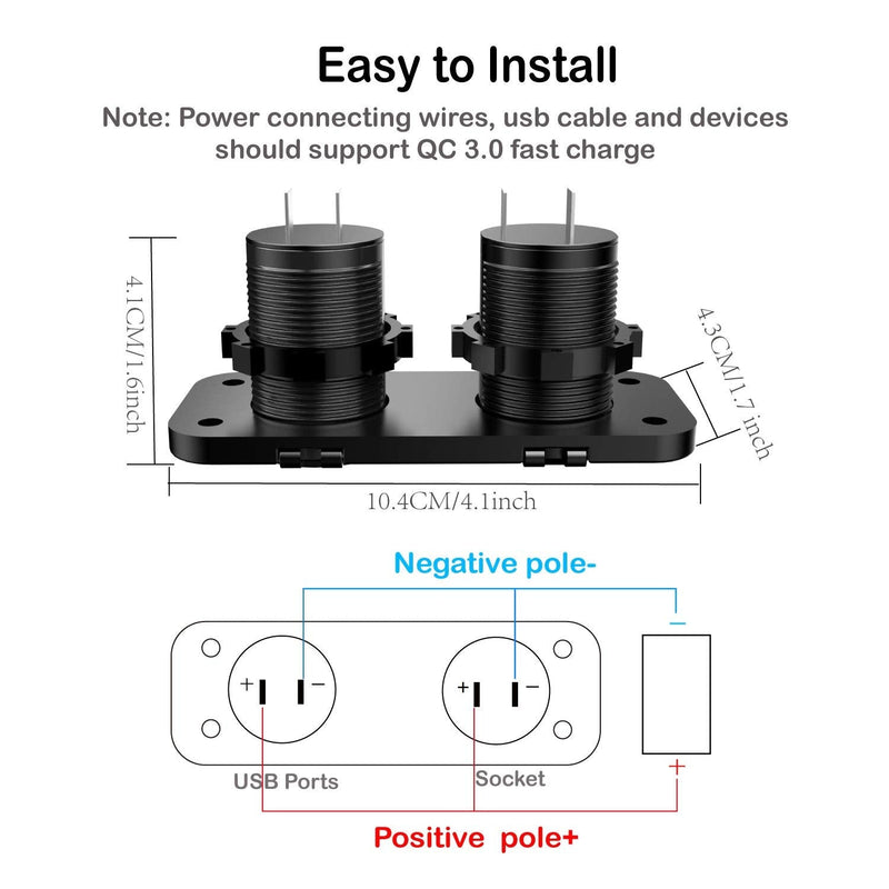  [AUSTRALIA] - QC 3.0 USB Outlet 12V Boat Marine Waterproof Cigarette Lighter Socket Splitter 12 Volt DC Power Charger Adapter DIY Kit with Blue LED Dual USB Ports for Rocker Switch Panel on Car RV Golf Cart ATV