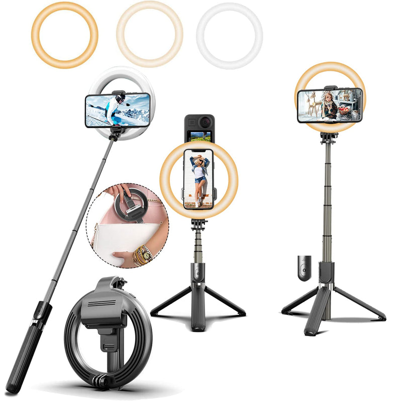  [AUSTRALIA] - Selfie Stick with 6" Ring Light, Tripod and Phone Holder,3 in 1 Portable LED Fill Light Selfie Stick Tripod Remote Control,Dimmable 3 Colors for YouTube Videos TikTok Live Stream Make-up