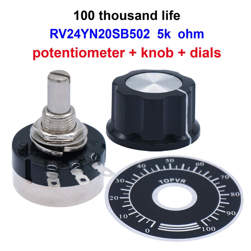  [AUSTRALIA] - Taiss 2pcs RV24YN20S 5K Potentiometer Single Turn Carbon Film Rotary Taper Potentiometer Used for Inverter speed regulation. Motor speed control + 2pcs A03 knob + 2pcs dials (B502 5K ohm) B502 5K ohm