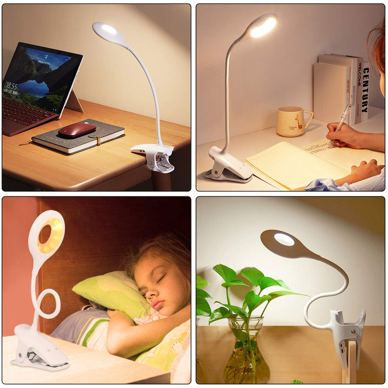  [AUSTRALIA] - Luxvista Clip-on Reading Lamp, Dimmable Book Light, Potable USB Rechargeable Clip Light Flexible Neck for Bed Headboard Counch Desk Table (White, 1-Pack) White