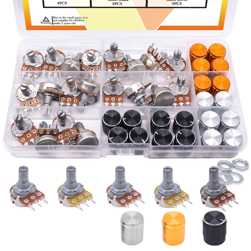  [AUSTRALIA] - Taiss 60pcs Potentiometer Kit B5K 10K 20K 50K 100K Ohm Linear Taper Rotary Potentiometer B Type Potentiometer with Nuts, Washers and 3 Different Colors of Aluminum Alloy Button F029 60pcs Potentiometer Kit