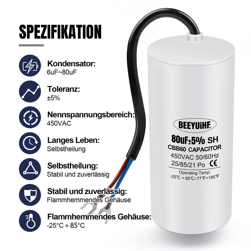  [AUSTRALIA] - BEEYUIHF CBB60 motor capacitor 80µF 450V capacitor 50/60Hz starting capacitor 80uF motor running capacitor with connection cable for electric motor 50 x 110 mm 80µF / 80uF