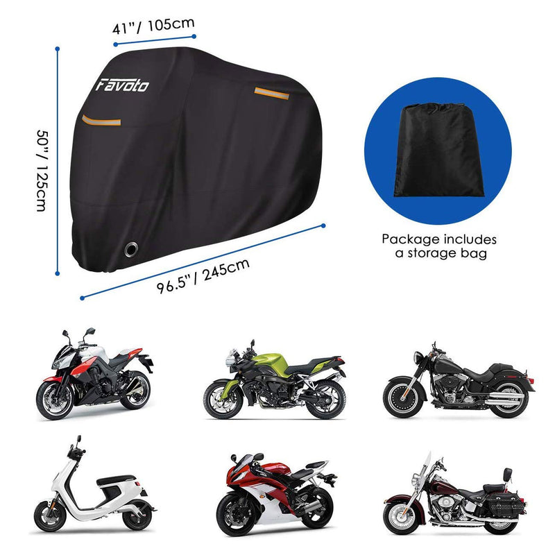  [AUSTRALIA] - Favoto Motorcycle Cover All Season Universal Weather Premium Quality Waterproof Sun Outdoor Protection Durable Night Reflective with Lock-Holes & Storage Bag Fits up to 96.5” Motorcycles Vehicle Cover Black 96.5"