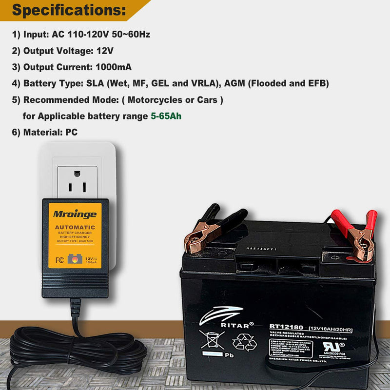  [AUSTRALIA] - Mroinge MBC010 Automotive Trickle Battery Charger Maintainer 12V 1A Smart Automatic Battery Chargers for Car Motorcycle Boat Lawn Mower Sla Atv Wet Agm Gel Cell Lead Acid Batteries