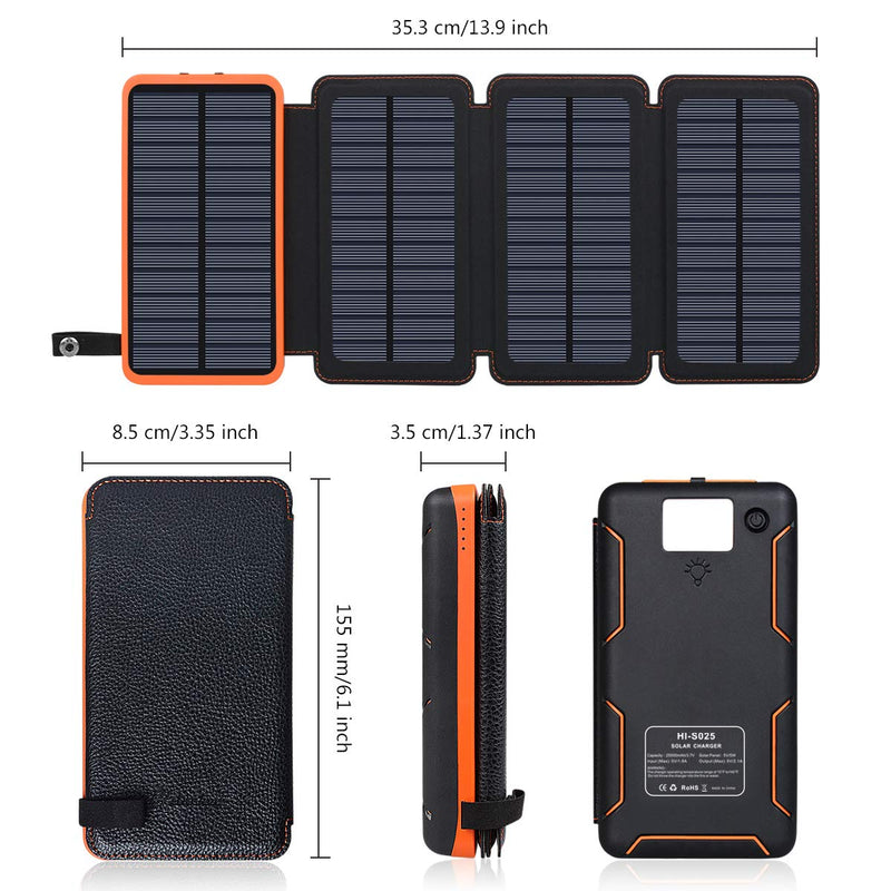 Solar Charger 25000mAh, Hiluckey Outdoor Portable Power Bank with 4 Solar Panels, Fast Charge External Battery Pack with Dual 2.1A Output USB Compatible with Smartphones, Tablets, etc. Orange - LeoForward Australia