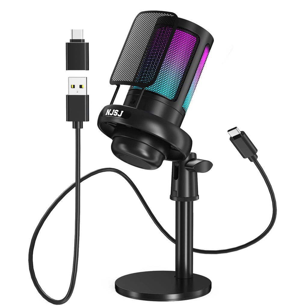  [AUSTRALIA] - NJSJ USB Microphone for PC, RGB Gaming Mic for PS4/ PS5/ Mac, USB Condenser Microphone with Touch Mute, Gain knob & Monitoring Jack for Recording, Streaming, Podcasting, YouTube, Twitch