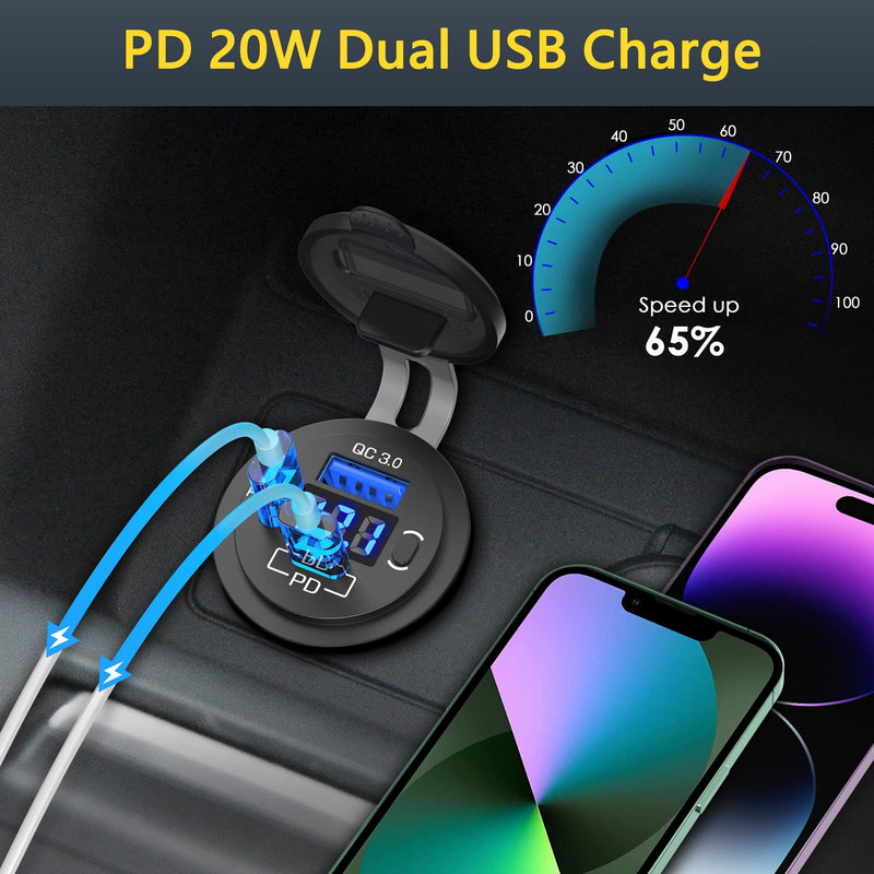  [AUSTRALIA] - 12V USB Charger Socket OUFFUN Dual 30W PD3.0 USB C Port and 18W QC3.0 12 Volt USB Outlet with Voltmeter and Power Switch, Waterproof Cigarette Lighter Replacement DIY Kit for Car Marine Truck RV, etc.