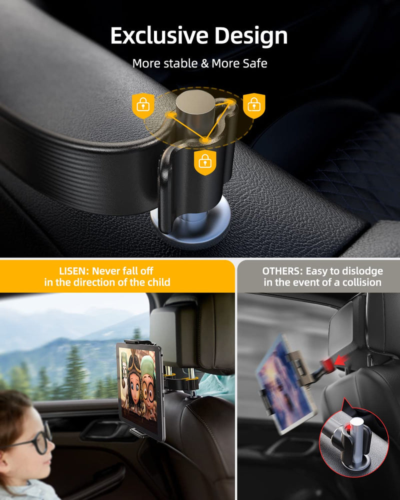  [AUSTRALIA] - Car Headrest Mount, LISEN Car Tablet Holder for Back Seat [Ultra-Stable] Headrest Stand Cradle Compatible with 4.7-12.9" Cellphones and iPad, Tablets, Headrest Posts Width 2.8-6.9” (70-175mm), Black