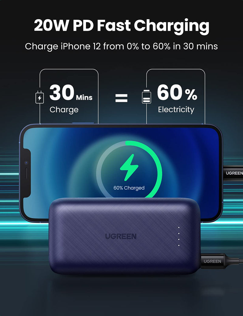  [AUSTRALIA] - UGREEN Portable Charger with Lightning Cable - MFi Certified, 10000mAh Mini Power Bank, PD 20W Battery Fast Charger Compatible with iPhone 13/13 Pro/13 Mini/12/11/XR/XS/8/7, iPad Air, Pixel 5 LG V50