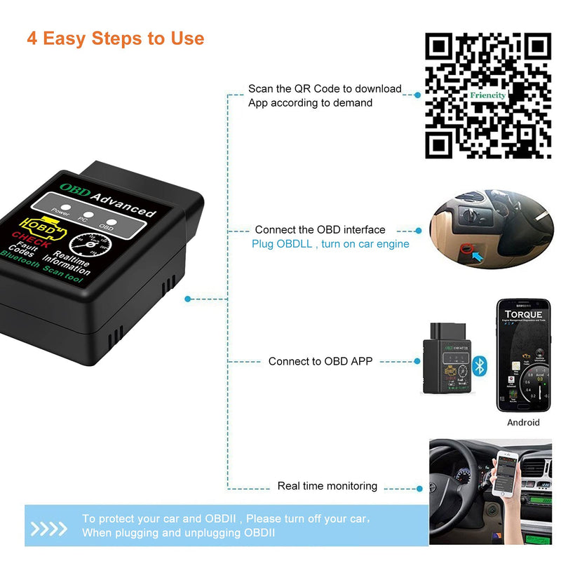 Friencity Bluetooth OBD2 Scanner Adapter, Wireless Diagnostic Code Reader OBD II Scan Tool Reset & Clear Check Car Engine Light, Compatible with Android & Windows, Support Torque Lite App, NOT for iOS Black - LeoForward Australia