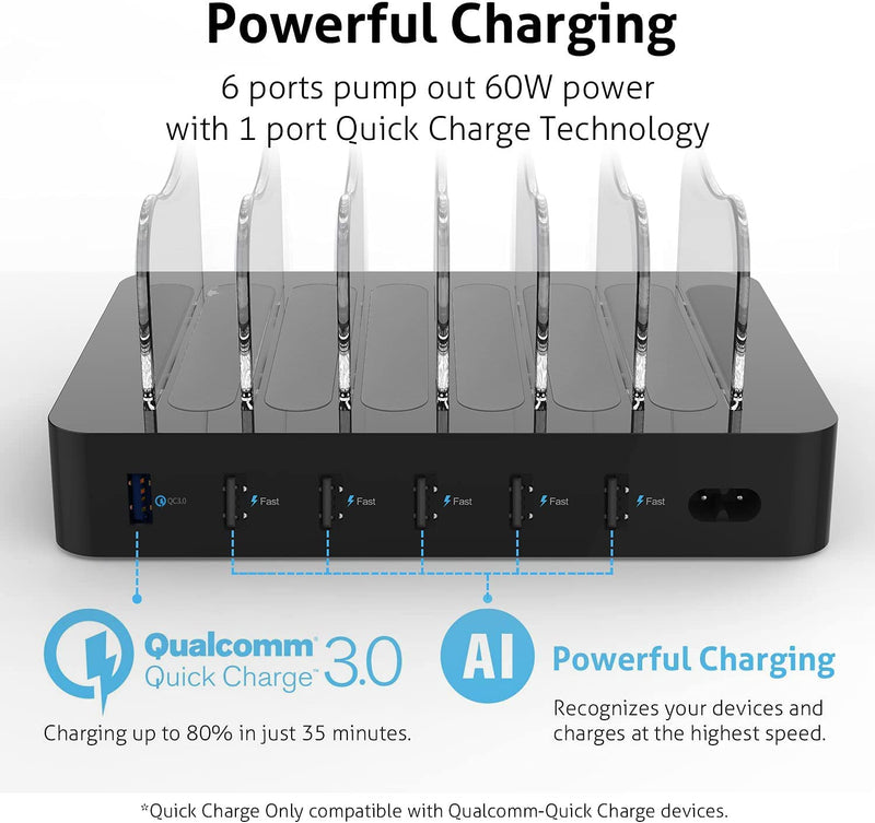  [AUSTRALIA] - SooPii Quick Charge 3.0 60W/12A 6-Port USB Charging Station for Multiple Devices, 8 Short Charging Cables Included, I Watch Charger Holder,for Phones, Tablets, and Other Electronics Black