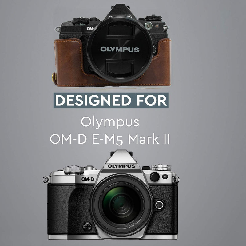  [AUSTRALIA] - MegaGear Ever Ready Leather Camera Half Case Compatible with Olympus OM-D E-M5 Mark II Dark Brown