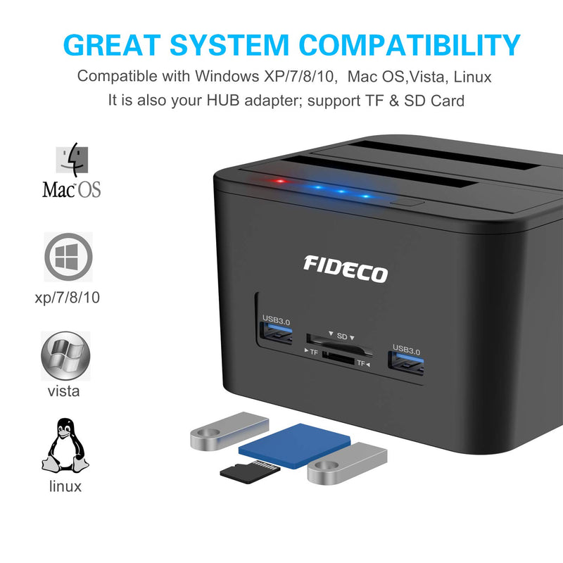 USB 3.0 to SATA Hard Drive Docking Station Dual-Bay External HDD Dock with Offline Clone/Duplicator Function and TF & SD Card Slots for 2.5/3.5 Inch SATA HDD SSD, Support 16 TB - LeoForward Australia