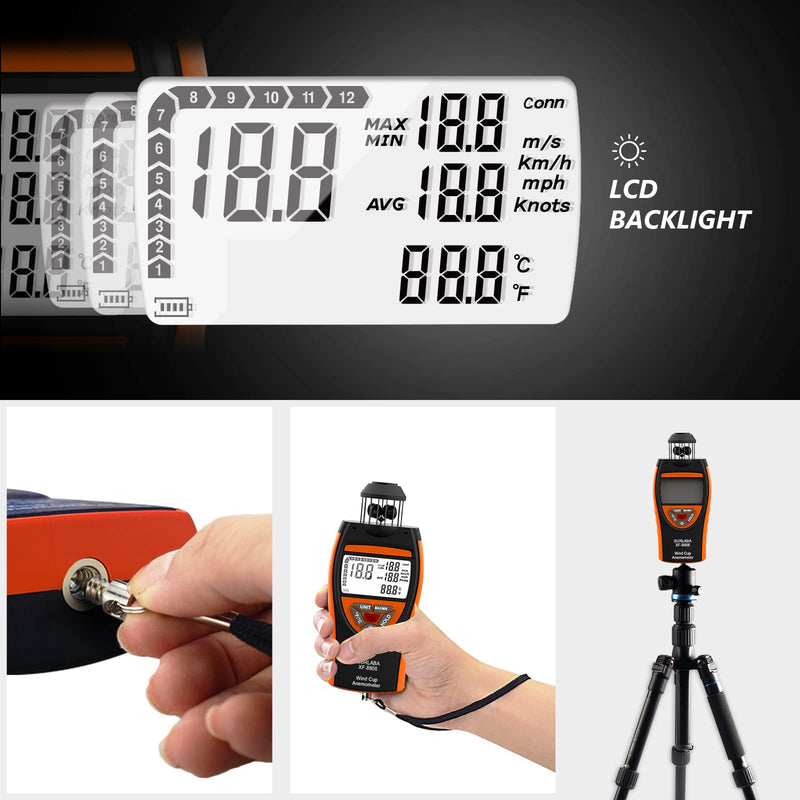  [AUSTRALIA] - Digital Cup Wind Meter, Handheld Anemometer ±4% High Accuracy Wind Gauge Measures MAX/MIN/AVG Wind Speed & Temperature (℃/℉), Wind Meter with Compass for Shooting, Sailing, Surfing, Drone XF-8806