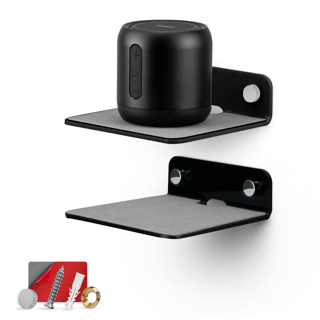  [AUSTRALIA] - BRAINWAVZ 2-Pack 4” Small Floating Shelf Bluetooth Speaker Stand, Adhesive & Screw Wall Mount, Anti Slip, for Cameras, Baby Monitors, Webcam, Router & More, Universal Holder (SHELF11 Black)