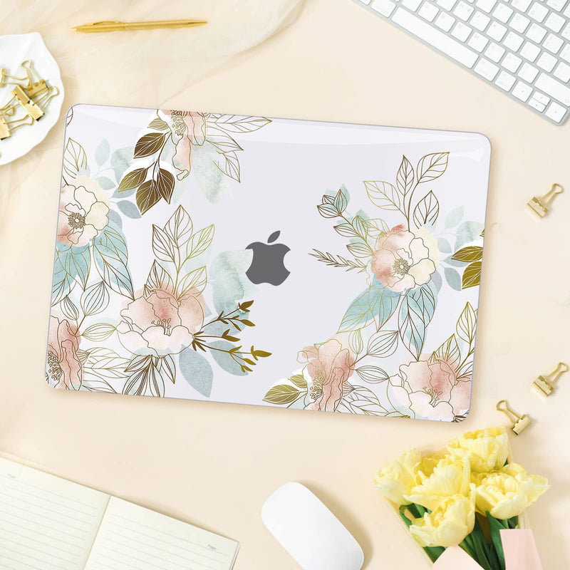  [AUSTRALIA] - AKIT Compatible with MacBook Air 13 Inch Case 2022 2021 2020 2019 2018 Release M1 A2337 A2179 A1932, Shiny Flower Plastic Laptop Hard Shell Case + Screen Protector + Keyboard Cover, Gold Florals Gold Flower