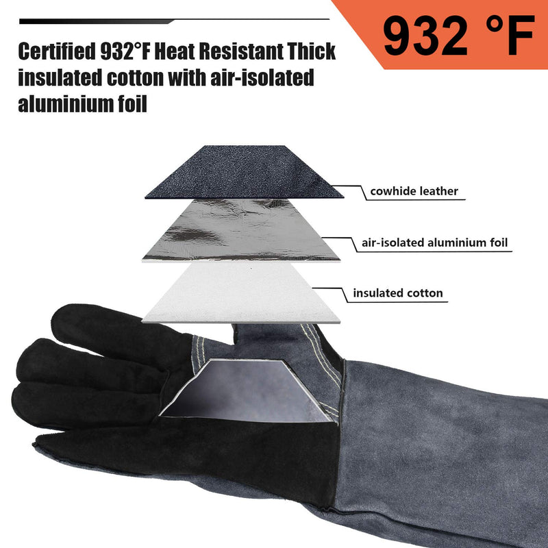  [AUSTRALIA] - 932°F Leather Heat Resistant Welding Gloves Grill BBQ Glove for Tig Welder/Grilling/Barbecue/Oven/Fireplace/Wood Stove - Long Sleeve and Insulated Cotton (Black-Gray,16-inch)¡­ Black-gray(16-inch)
