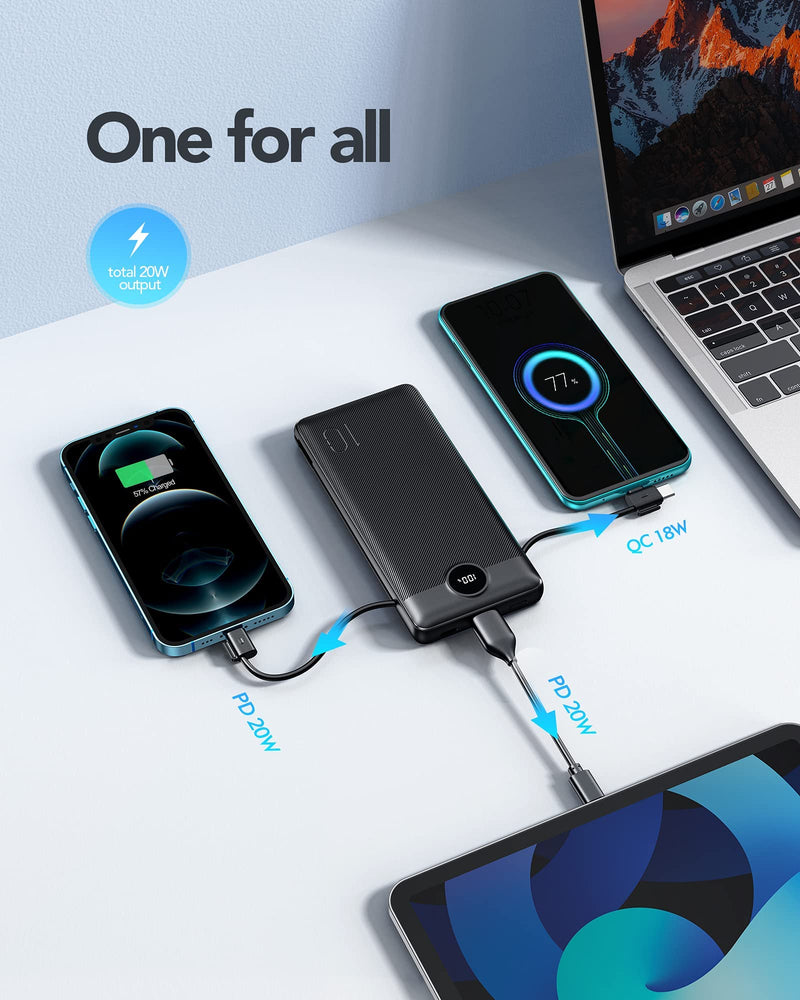  [AUSTRALIA] - Portable Charger with Built in Cable and AC Wall Plug, PD&QC 20W Fast Charging Ultra Slim USB C Power Bank with Built in Cables, VEEKTOMX External Battery Pack Compatible with All Smart Devices Black