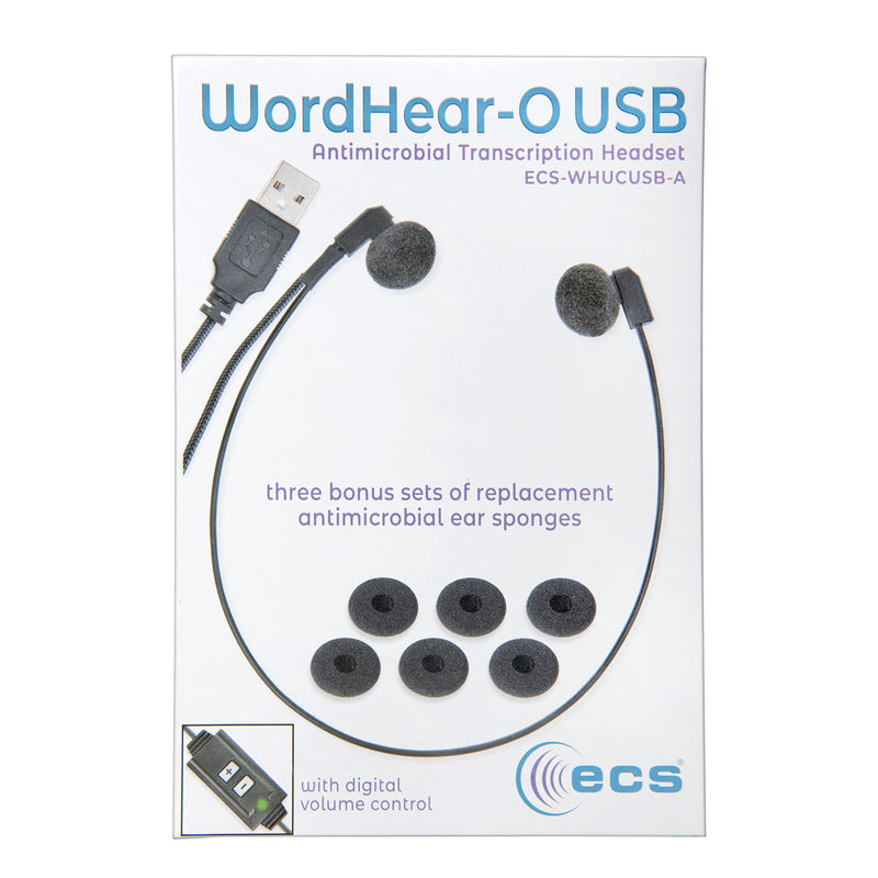  [AUSTRALIA] - ECS WordHear-O | Under Chin Transcription Headset USB with Volume Control, Includes Replacement Ear sponges | Transcribing Headset USB Plug