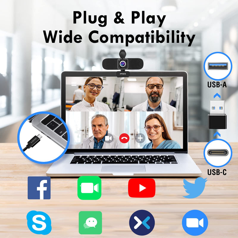  [AUSTRALIA] - USB C Webcam, 2K Webcam with Microphone and Speaker, 3 in 1 Webcam with Auto Focus and White Balance, 90°Wide FoV, Laptop Camera with Privacy Cover, Plug & Play for Conference/Streaming/Video Calls Black