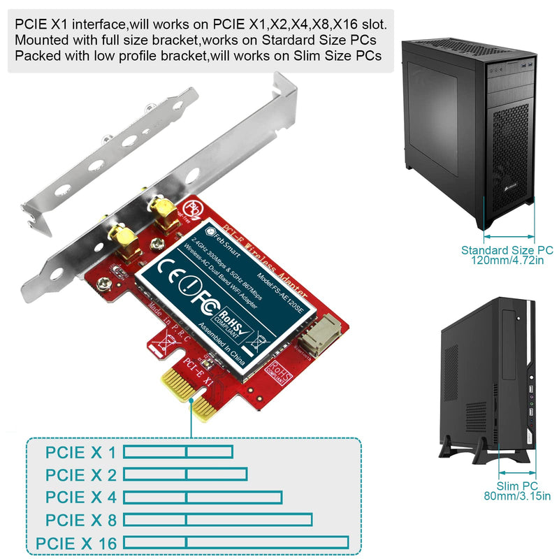  [AUSTRALIA] - FebSmart Wireless AC 1200Mbps PCIE Wi-Fi Card with WiFi Stereo Adapter for Windows 11,10 (32/64bit), Windows 8.1 64bit and Windows Server 2012, 2012R2, 2016, 2019 Desktop PCs (FS-AE120SE)