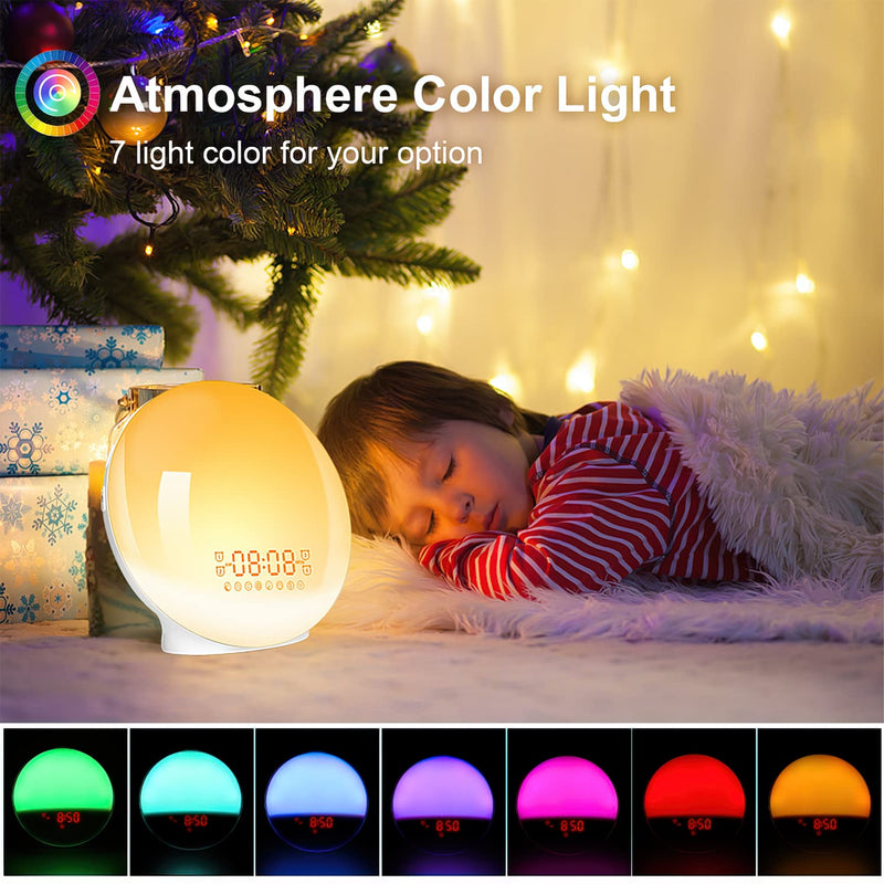  [AUSTRALIA] - Sunrise Alarm Clock Wake Up Light with Dual Alarms, 7 Natural Sounds, Snooze, FM Radio, Sleep Aid, Night Light with 7 Colors, Reading Lamp, Sunrise Simulation for Heavy Sleepers Adults Kids Bedrooms