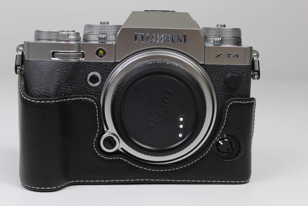  [AUSTRALIA] - X-T4 Case, BolinUS Handmade Genuine Real Leather Half Camera Case Bag Cover for Fujifilm Fuji X-T4 XT4 Bottom Opening Version + Hand Strap (Black) Black