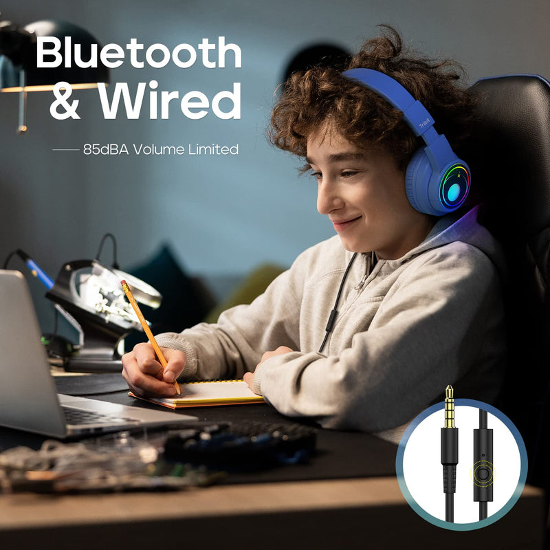  [AUSTRALIA] - Kids Bluetooth Headphones with RGB Lights, Tribit Starlet02 Safe Sound Tech+ 85dBA Volume Limited, 54H Playtime & HiFi Stereo, Built-in Mic, Over Ear Kids Wireless Headphones for iPad/School/Tablet