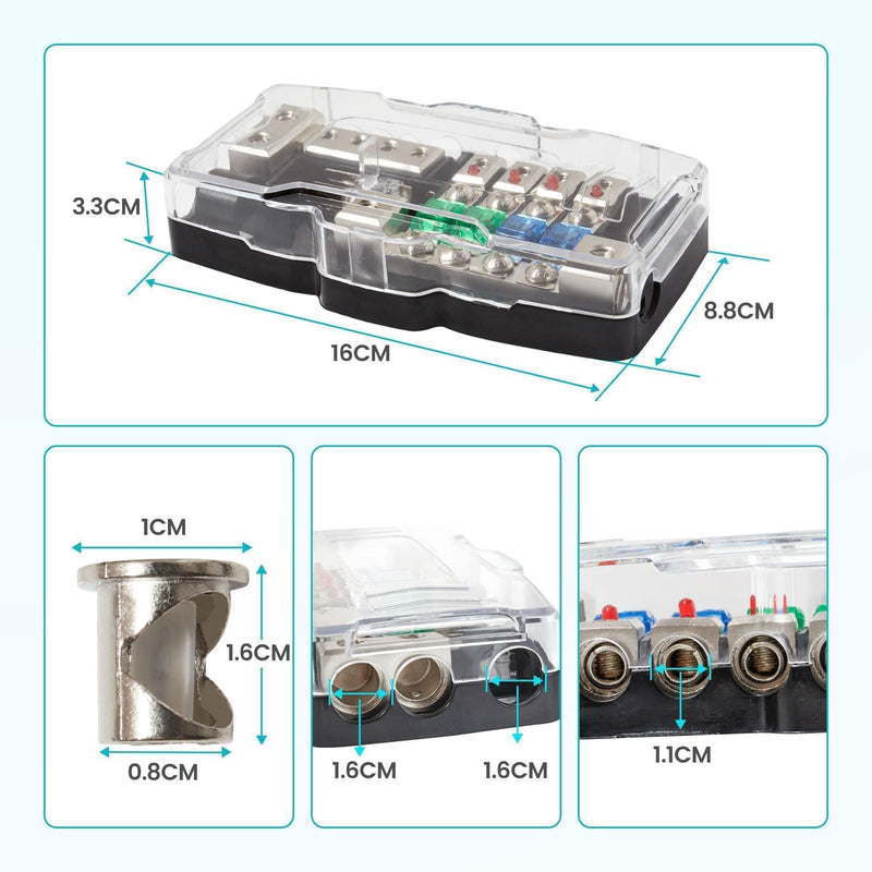  [AUSTRALIA] - NuIth Car Audio Power Distribution Block 0/4 Gauge Input 4/8 Gauge Output, 4 Way Mini ANL Fuse Block 12V with Ground, 2 Way in 4 Way Out Fused Distribution Block with Red LED Indicator