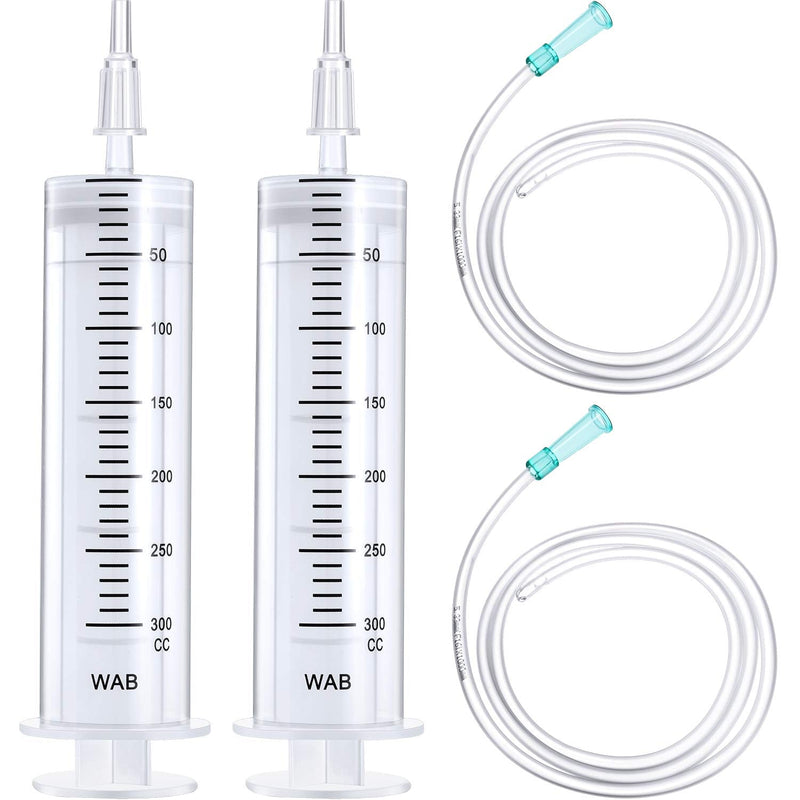  [AUSTRALIA] - BBTO 2 Pieces Large Plastic Syringe with Tube 2 Pieces 40 Inch Handy Plastic Tubing and 2 Pieces Connections for Scientific Lab, Glue Dispensing, Watering, Refilling, Feeding and Measuring (300 ML) 300 ML