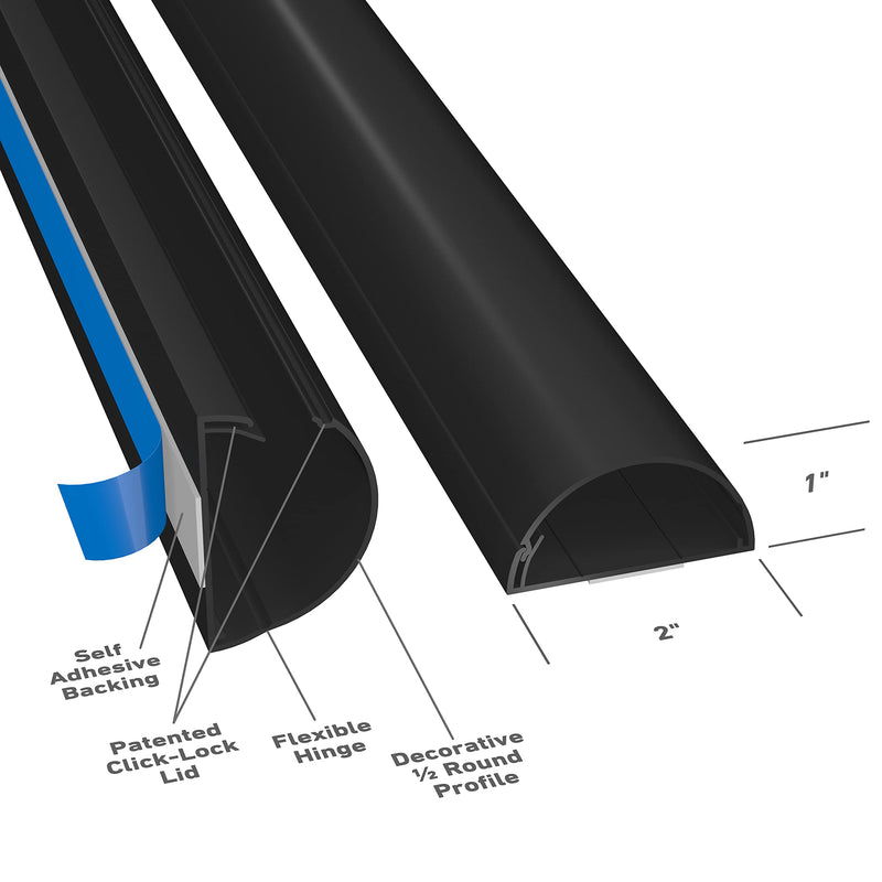  [AUSTRALIA] - D-Line Cord Hider 2-Pack, Cable Raceway, Desk Cable Management, Cord Cover Wall, Decorative Cable Concealer, TV Wire Covers, Hide Cords - 2X 2in W x 1in H x 39in Lengths (78in Total) - Black Large 2-Pack