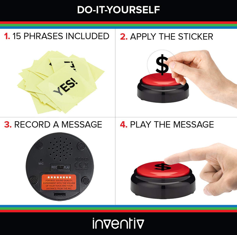  [AUSTRALIA] - Inventiv 30 Second Custom Recordable Talking Button, Record & Playback Your Own Message, Quality Voice Sound Recorder - 15 Phrase Stickers Included (Red) Red