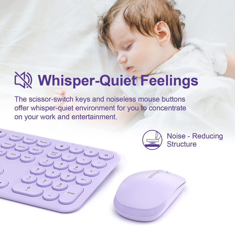  [AUSTRALIA] - Mobifice Cute Keyboard and Mouse Wireless for PC Computer/Laptop/Windows/Mac/Tablets/Apple iPad, Ultra-Thin 2.4GHz USB Cordless Full-Sized Silent Retro Computer Keyboard Mouse Combo (Purple) Lavender-Purple