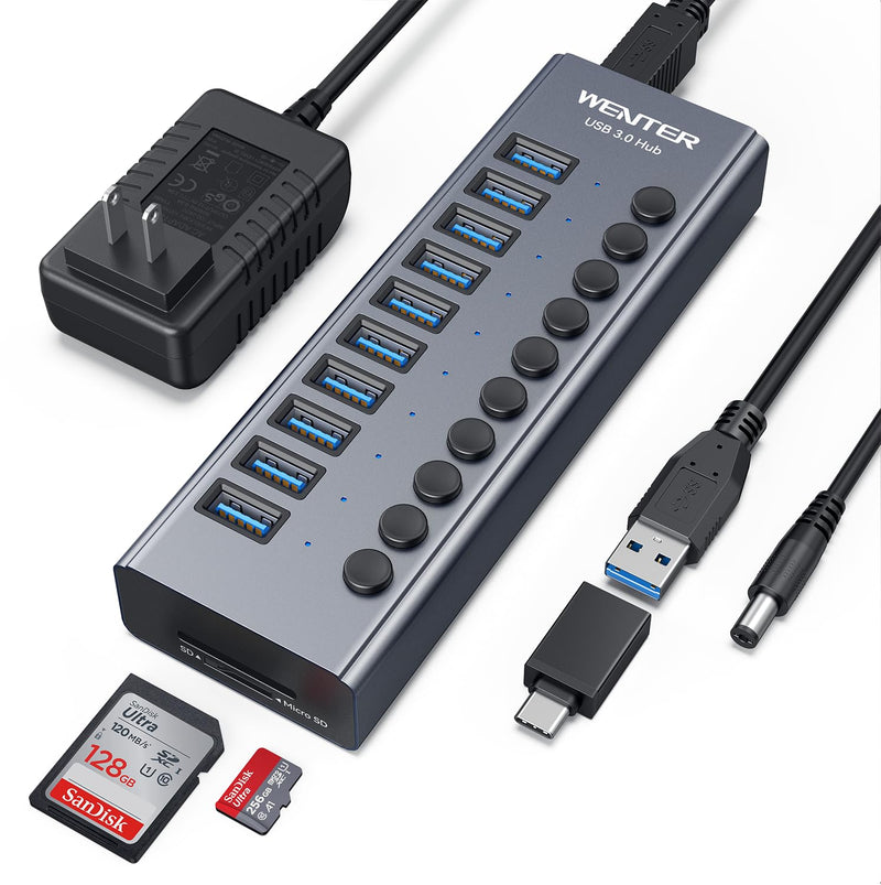  [AUSTRALIA] - Powered USB 3.0 Hub, Wenter 10 Ports 36W Powered USB Hub, Aluminum USB Splitter with Individual On/Off Switches, SD/TF Card Readers and 12V/3A Power Adapter for PC, Laptops, MacBook Pro, iMac, iPad Aluminum 10 Ports