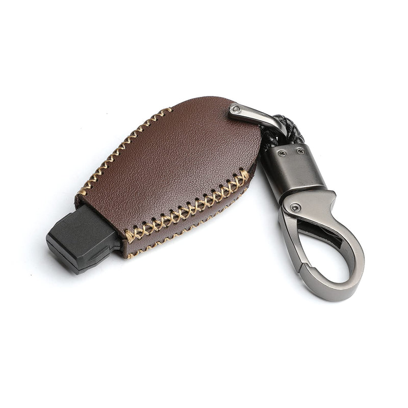  [AUSTRALIA] - WFMJ Brown Leather for IYZ-C01C Chrysler 300 Town & Country Dodge Challenger Durango Grand Caravan Journey Magnum Ram 1500 2500 3500 Jeep Grand Cherokee 4 Buttons Key Fob Case Cover Chain