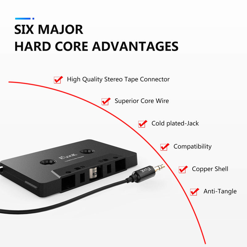 Elook Car Cassette Aux Adapter, 3.5mm Universal Audio Cable Tape Adapter for Car, Phone, MP3 ect. Black - LeoForward Australia