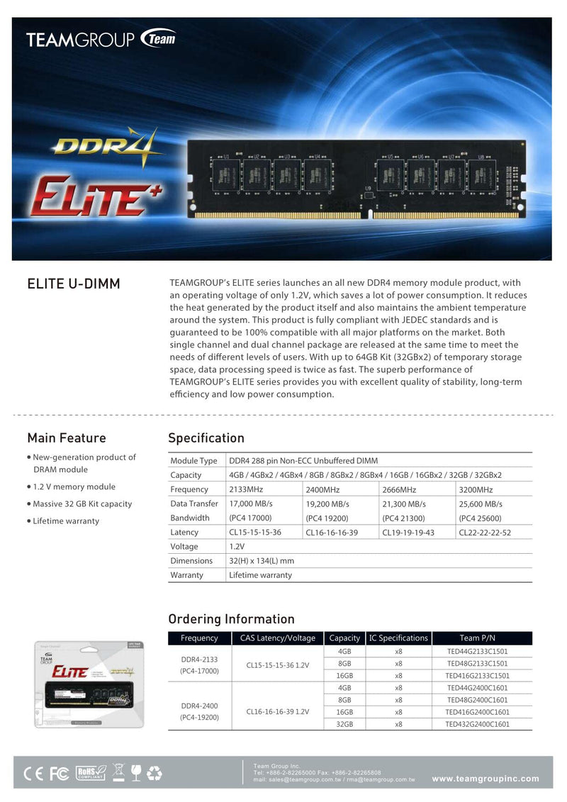  [AUSTRALIA] - TEAMGROUP Elite DDR4 8GB Single 2400MHz PC4-19200 CL16 Unbuffered Non-ECC 1.2V 1Rx8 UDIMM 288 Pin PC Computer Desktop Memory Module Ram Upgrade- TED48G2400C1601 2400MHz- 8GB